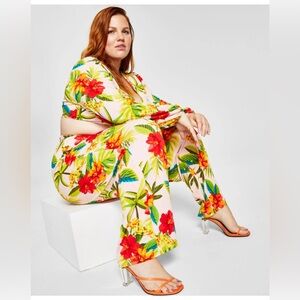 Bar III Plus Size Tropical Print Tie Front Top and Pants set